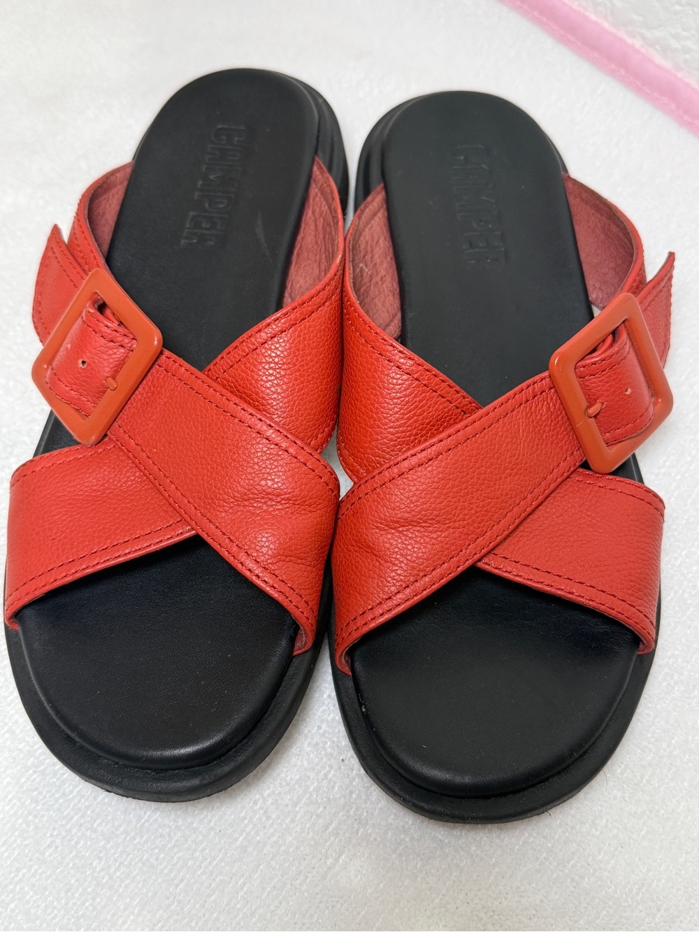Camper Womens Eda Orange/Black Leather Slide Sandals Buckle EU 37 US 7
